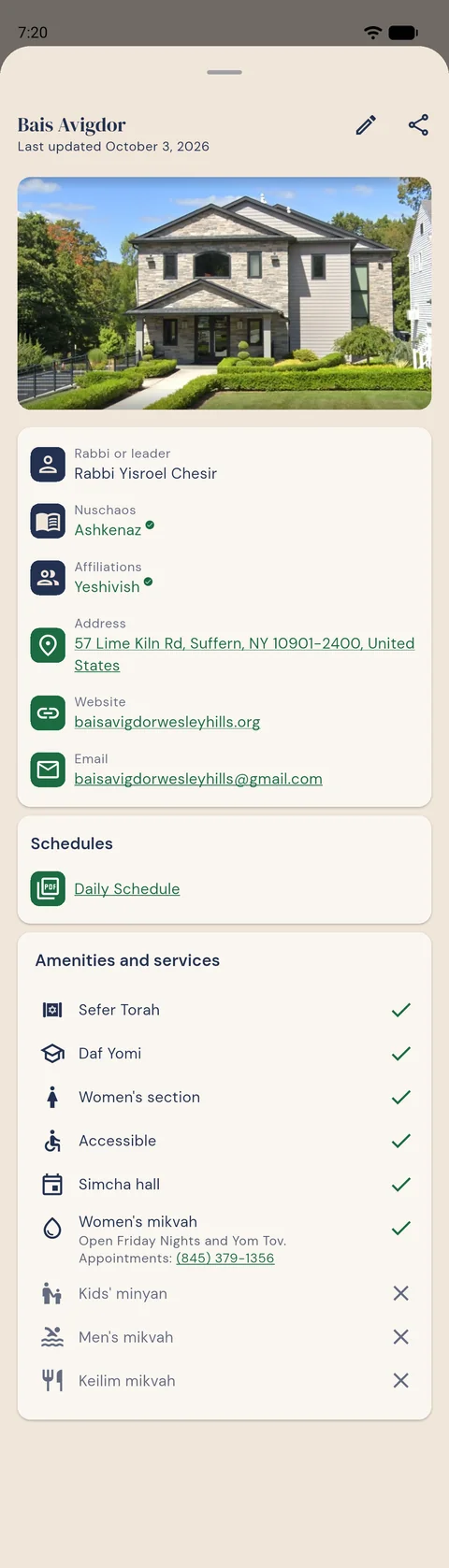 A shul's page: photo, rabbi, nusach, affiliation, address, website, email, Schedules, and Amenities and services.