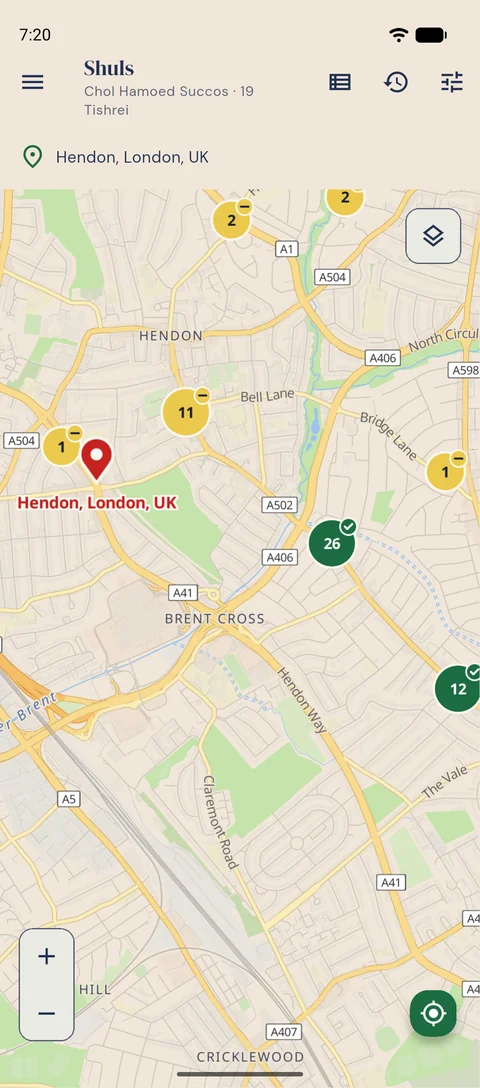 Shuls in the Shulert app, on a map around Hendon, London.