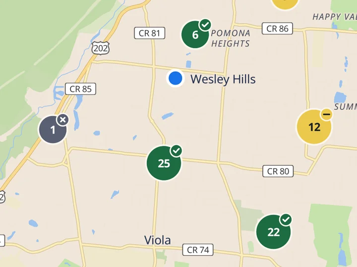 The Shuls map around Wesley Hills, NY, with clusters of nearby shuls.