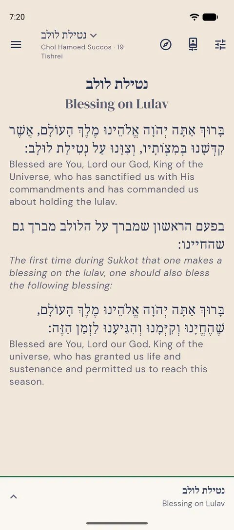 The blessing on the lulav in the Shulert siddur, in Hebrew with the English translation beneath each line.