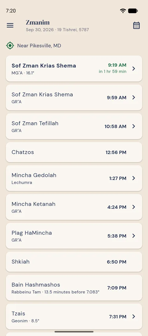 Today's zmanim near Pikesville, MD, each with the opinion it follows.